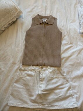 Beige Ribbed Zip Polo Tank Top